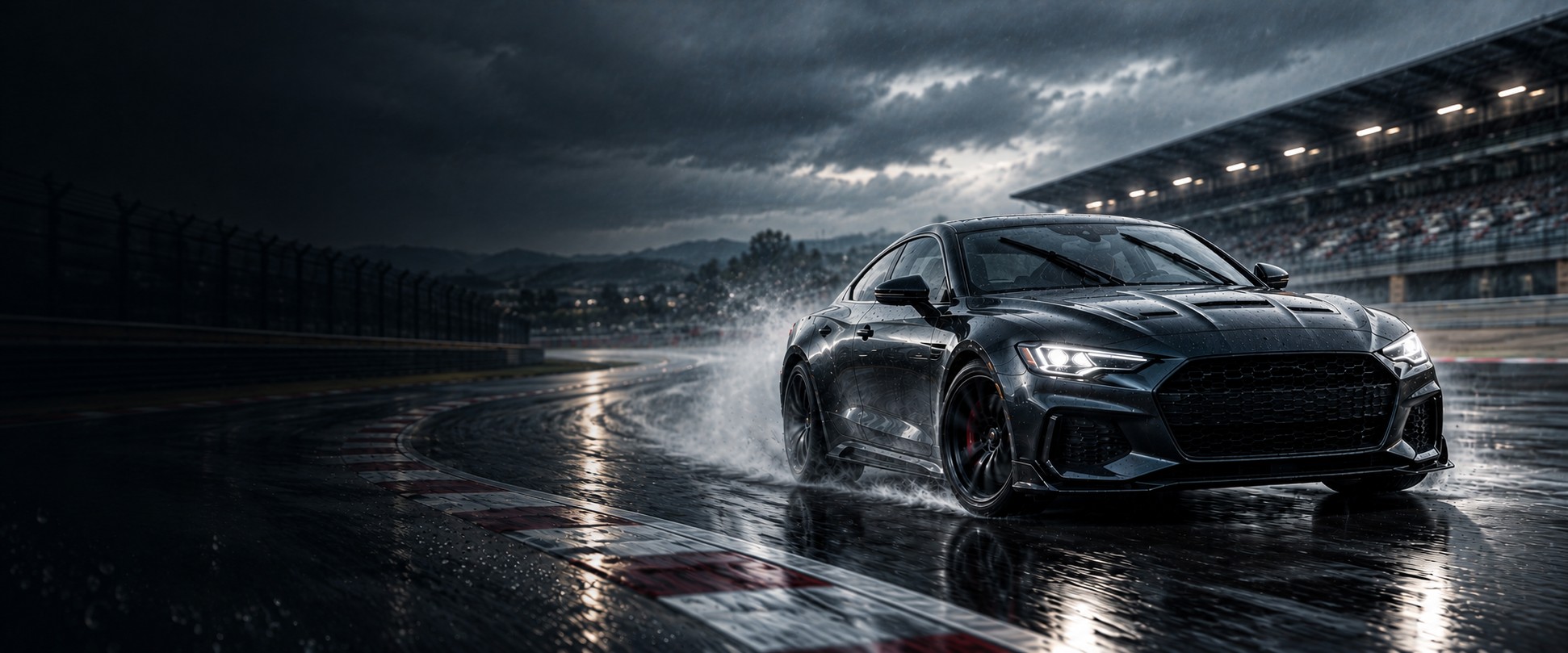 Performance sedan cornering on a wet race track