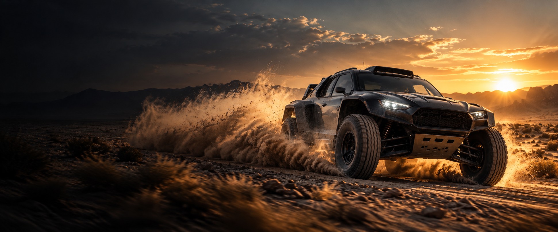Rally raid off-road vehicle crossing the desert at speed