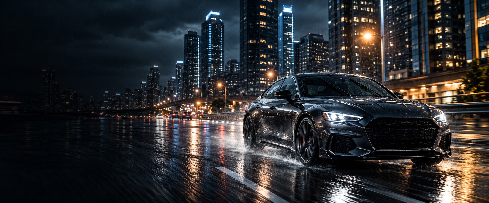 Premium sedan driving through a modern city by day