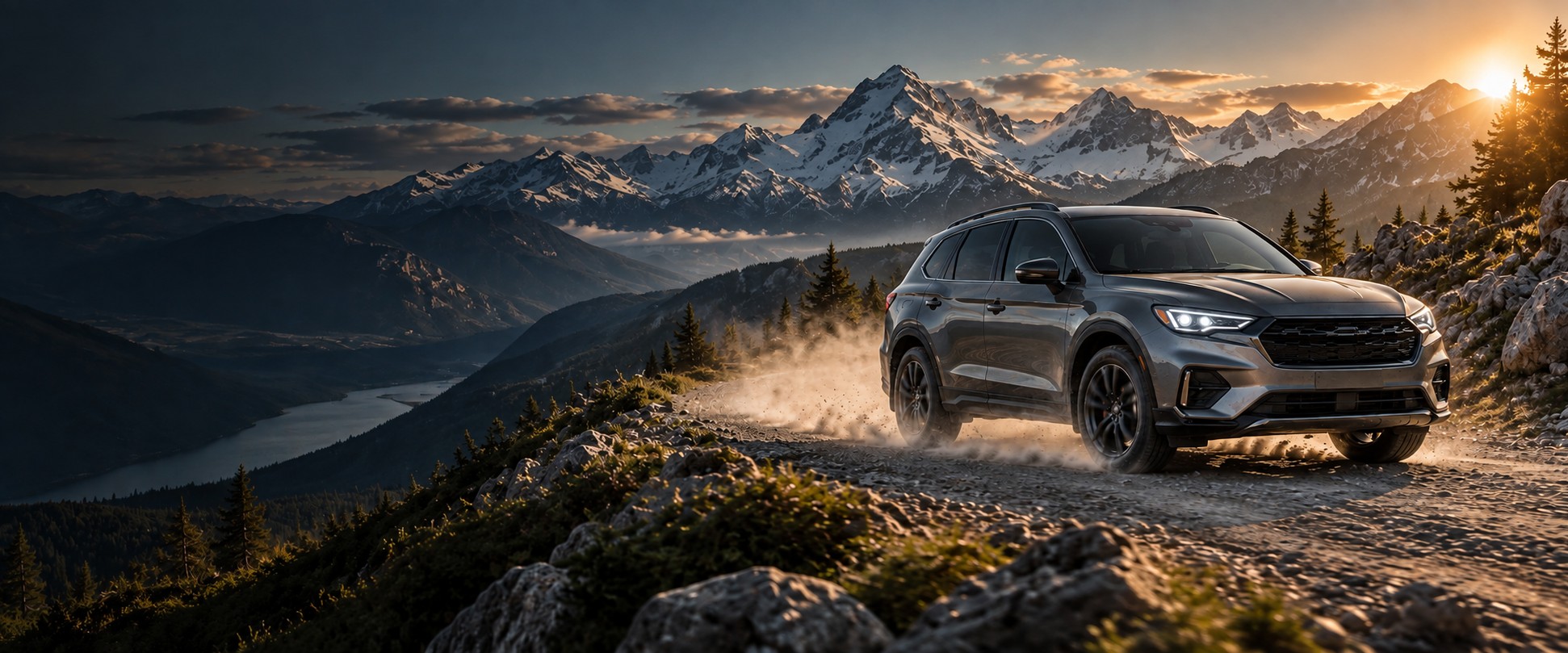 Family crossover on a mountain road at sunrise